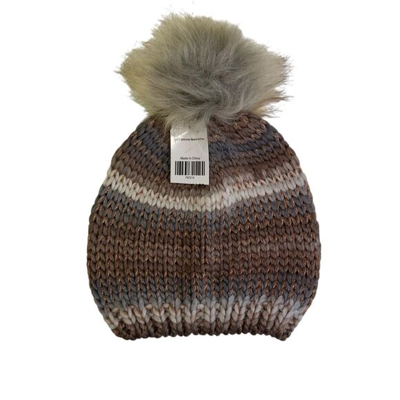 NWT Copper Metallic Striped With Faux Fur Pom Pom Beanie - Picture 1 of 8